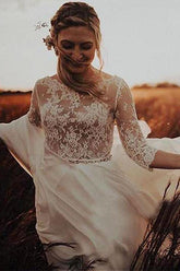 A-line 3/4 Sleeves See-through Bodice Wedding Dresses, Bridal Gown